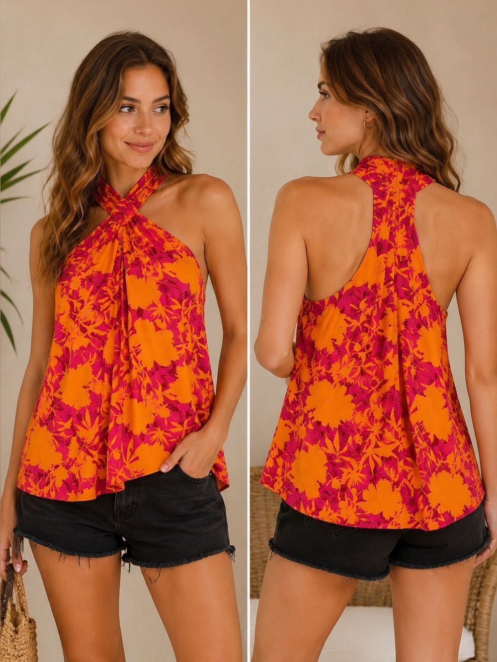 Chicme Floral Print Surfs Up Halter Bohemian Top Zip Back Orange Pink Size M